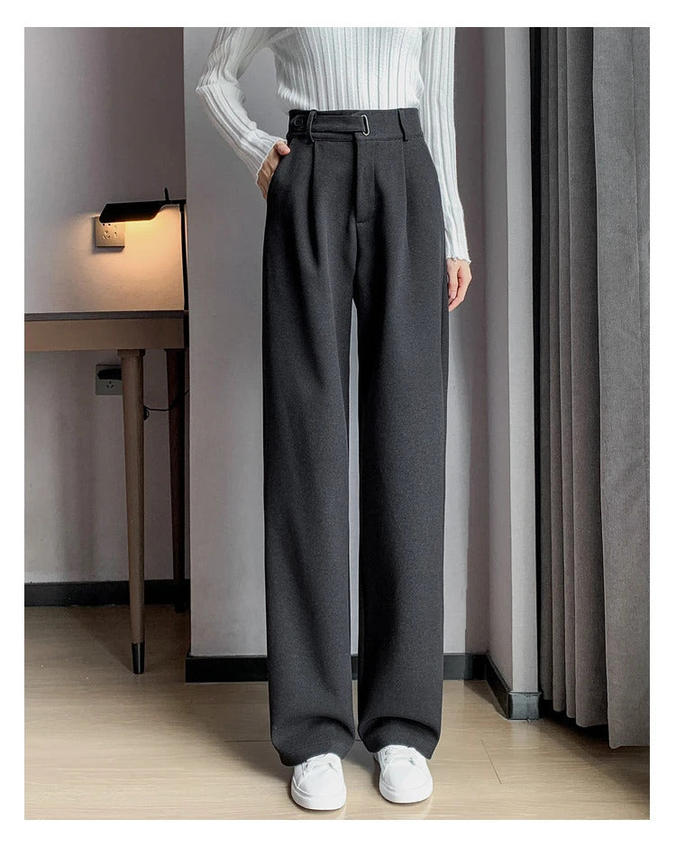 Seoulish Autumn Winter Thicken Woolen Casual Loose Full Length Pants 2023 New Button High Waist Chic Wide Leg Trousers Female