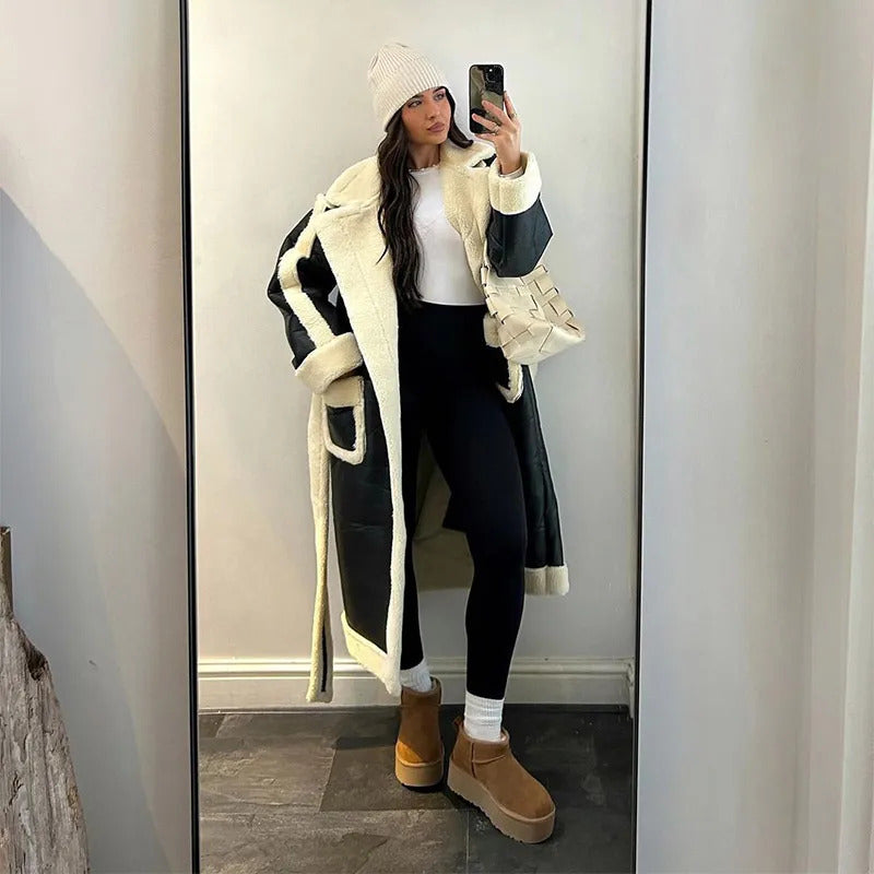 Chic Woman Contrast Lamb Woolen Warm Coat Versatile Loose Lapel Full Sleeve Pockets Long Jacket 2024 New Autumn Street Outerwear