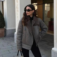 Suninheart Winter Warm Faux Fur Jacket Coat Loose Women Long Sleeve Lapel Thicken Jackets Coat Female Casual Oversize Outwear