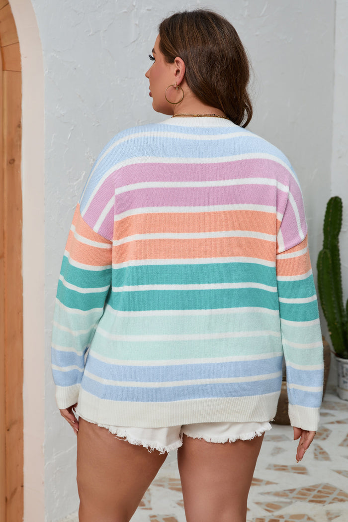 Multicolor Striped Crewneck Plus Size Sweater