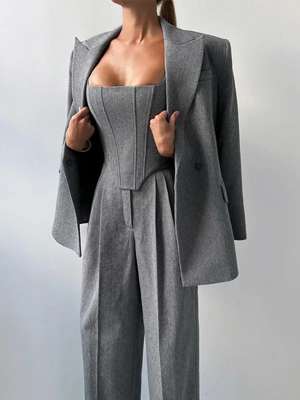 Fashion Grey Pants Sets For Women 3 Pieces Elegant Long Sleeve Belt Blazer Tank Top With High Waist Wide Trousers Lady Suits