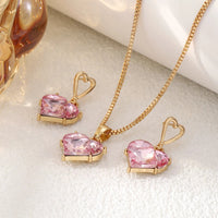 3pcs Trendy Y2k Heart-shaped Zircon Pink Crystal Pendant Earrings Necklaces Set for Women Heart Elegant Exquisite Party Jewelr