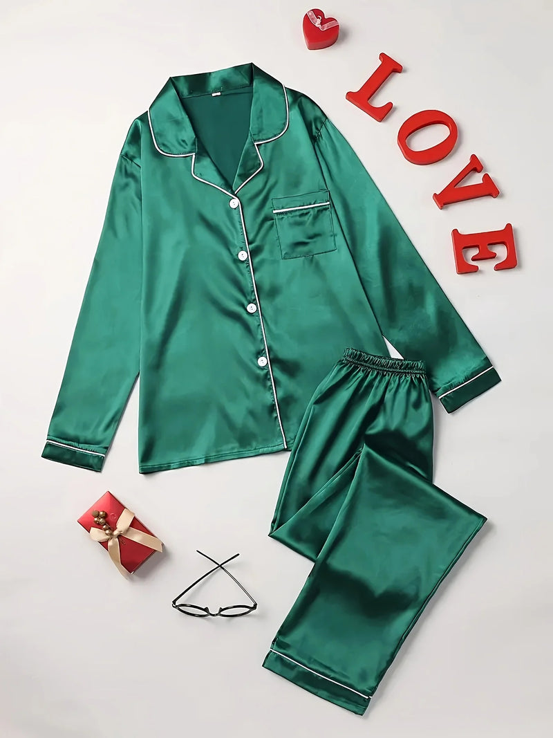 Solid Pajama Set Long Sleeve Button Up Lapel Top & Pants Pj Set Women's Sleepwear & Loungewear