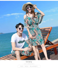 Family Matching Outfits 2022 Summer Beach Mother Daughter Floral Dresses Dad Son Cotton T-shirt & Shorts Couple Outfit Seaside