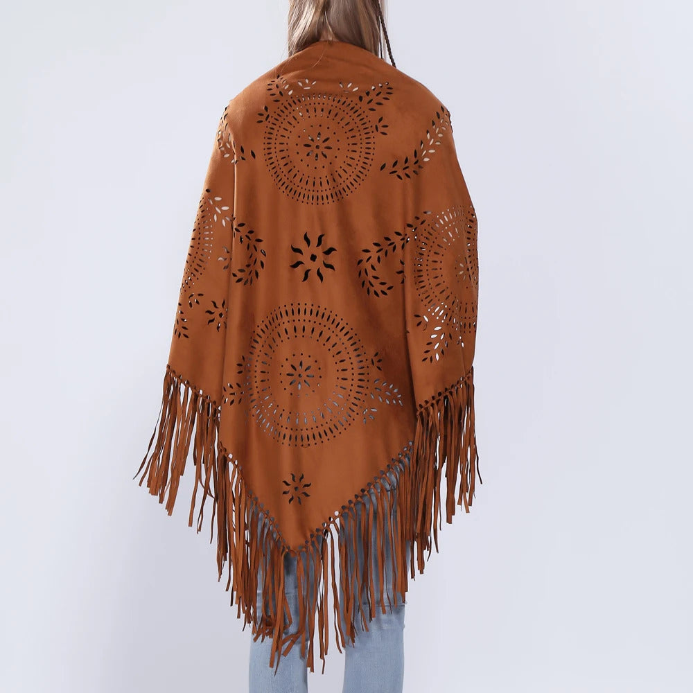 Women's Loose Suede Fringe Open Poncho Cloak Shawl Wrap with Punch Hole Patterns and Graceful Fringes Dropshipping