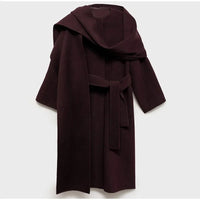 Elegant Burgundy Red Scarf Collar Woolen Overcoat Women 2024 Fashion Lace Up Long Sleeved Jacket Female Oversized Outerwear