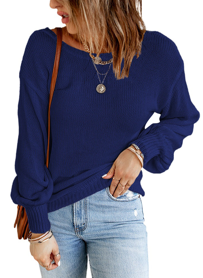 Blue Drop Shoulder Back Cut-out Sweater with Tie