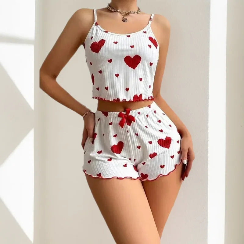 Hot Selling Womens Pajamas Set Sleepwear 2PCS Short Tank Tops And Shorts White Ventilate Soft Casual Red Love Printing Sleepwear