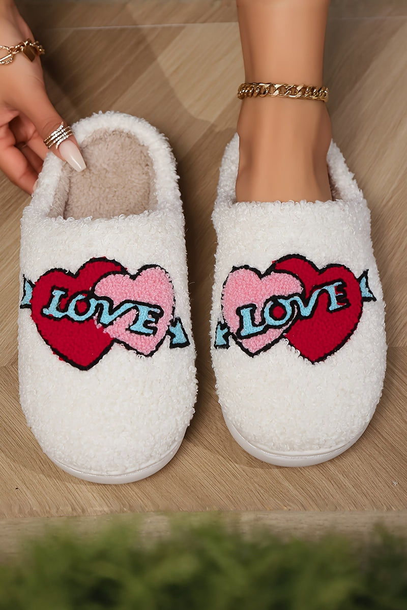 White Valentines Double Heart Graphic Winter Plush Slipper