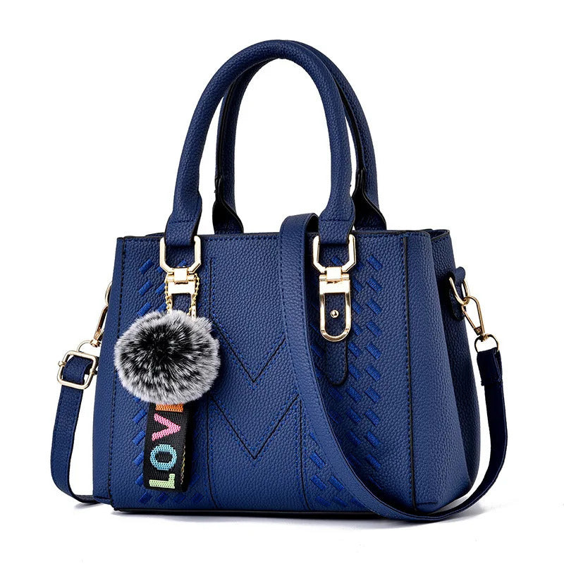 New women's handbag Fashion embroidery thread with hairball pendant large capacity shoulder bag travel Tote bag 01