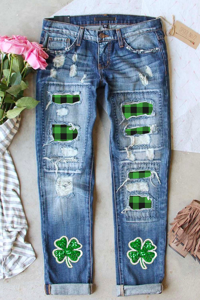 Sky Blue Glitter Clover Patch Plaid Insert Distressed Jeans