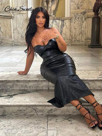 Sexy Burgundy Pu Leather Maxi Dresses Women Strapless Backless Bandage Sleeveless Pleated Hip Package Party Dress New Split Robe