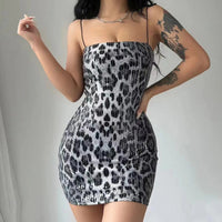 Dulzura Leopard Print Spaghetti Shoulder Strap Square Collar Mini Dress Sparkly Sequins 2023 Summer Women Party Club Y2K Clothes