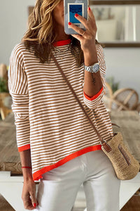 Gray Contrast Trimmed Striped Drop Shoulder Sweater