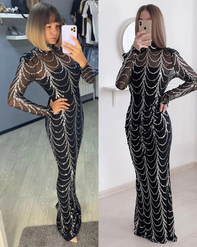 Missord Wave Sequin Party Dresses Elegant Women High Neck Long Sleeves See Though Bodycon Evening Prom Dress With Line Long Gown