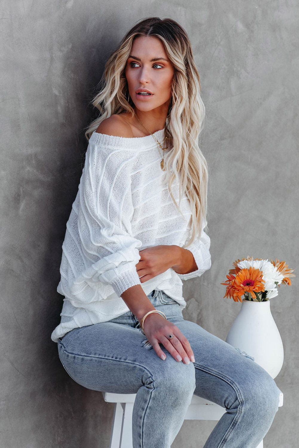 White 3/4 Dolman Sleeve Rib Knitted Sweater