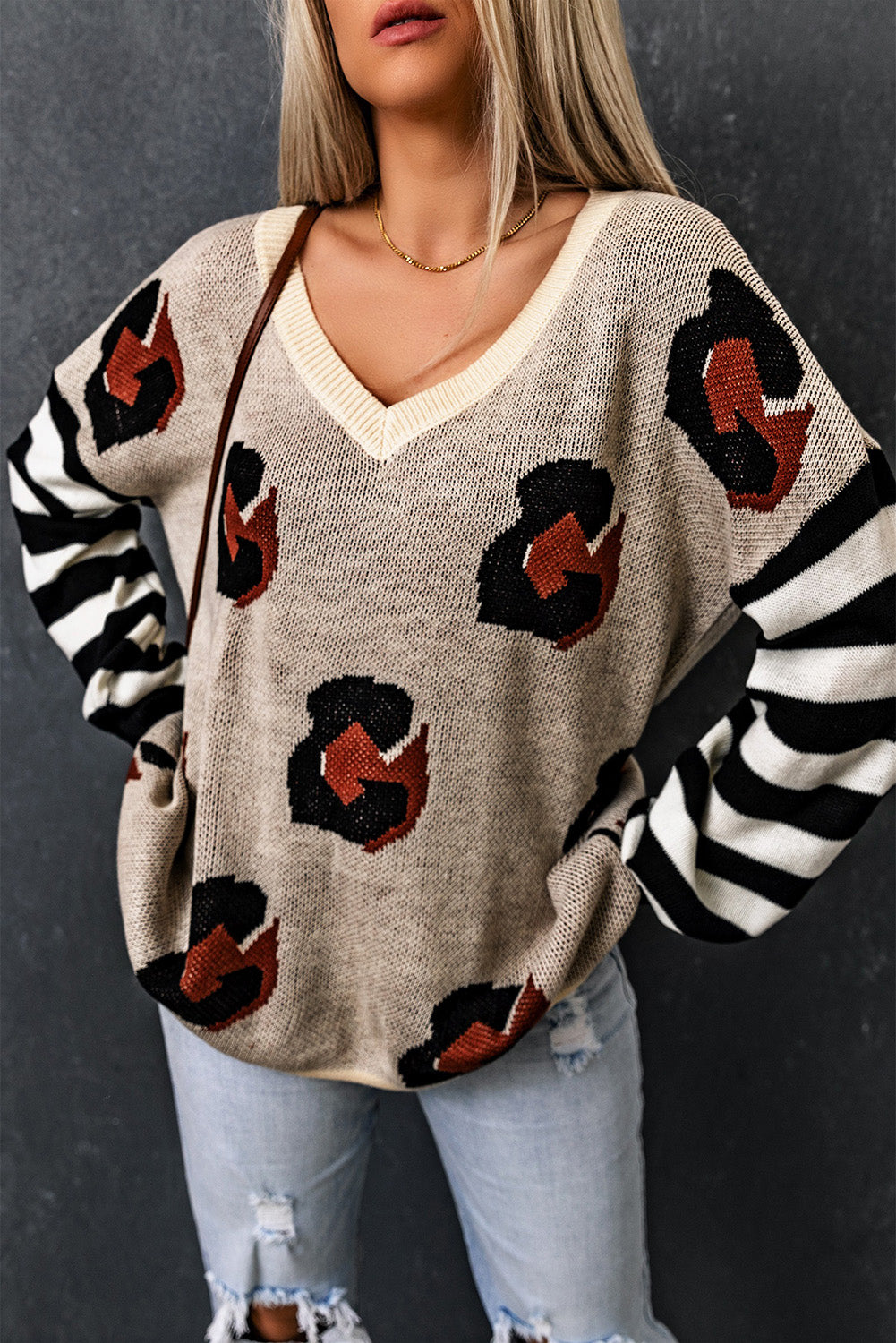 Striped Sleeves Patchwork Leopard Sweater