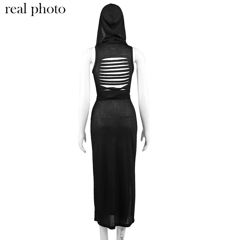 Goth Dark Cyber Gothic Desert Walker Hooded Dresses Y2k Punk Grunge Hollow Out Midi Dress Women Sexy Split Side Solid Streetwear