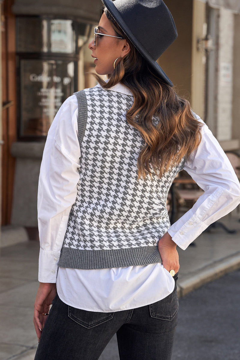 Gray V Neck Argyle Plaid Knitted Sweater Vest