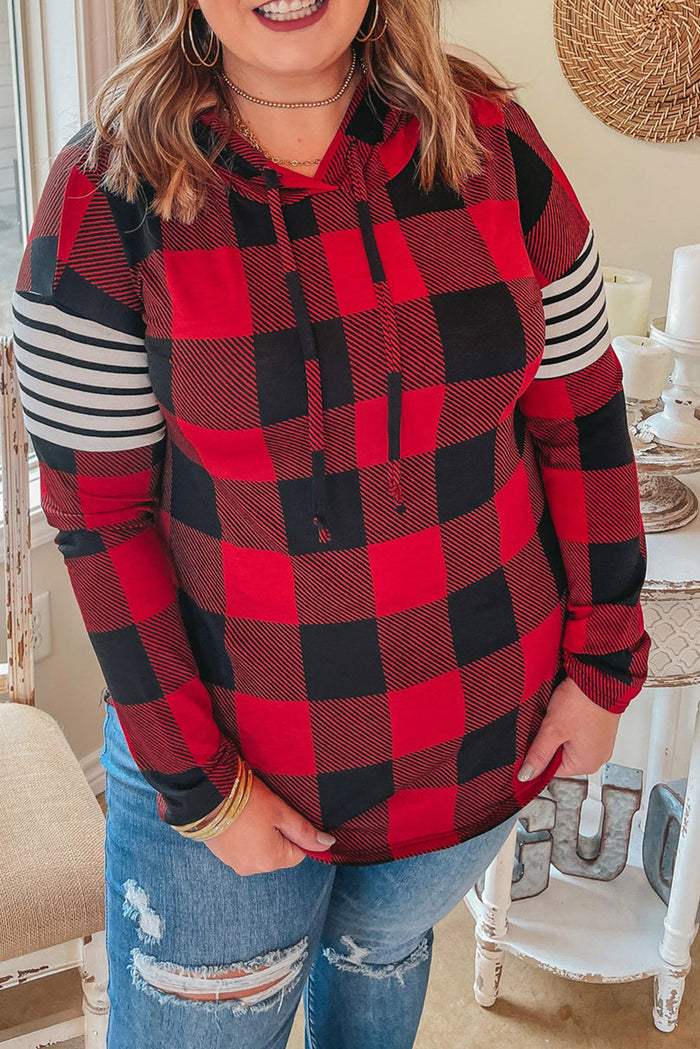 Fiery Red Plus Size Plaid Striped Patch Sleeve Hoodie