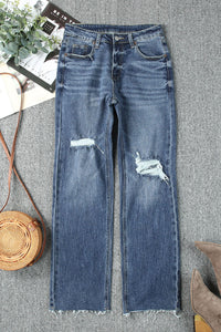 Sky Blue High Rise Ripped Straight Legs Loose Jeans