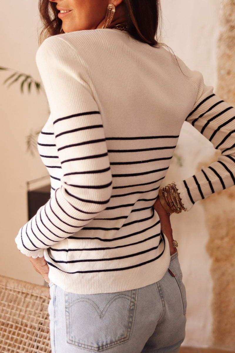 White Scalloped Trim Striped Print Sweater