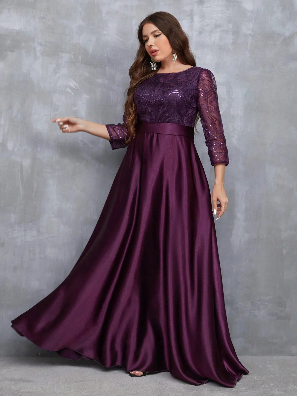 Mgiacy Crew neck long sleeve sequin patchwork satin long gown ball dress Party dress Bridesmaid dress