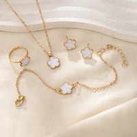 Lucky Five-petal Flower Clover Earrings Necklace Ring Bracelet Four-piece set for Woman Fashionable Accessories Party Jewelry