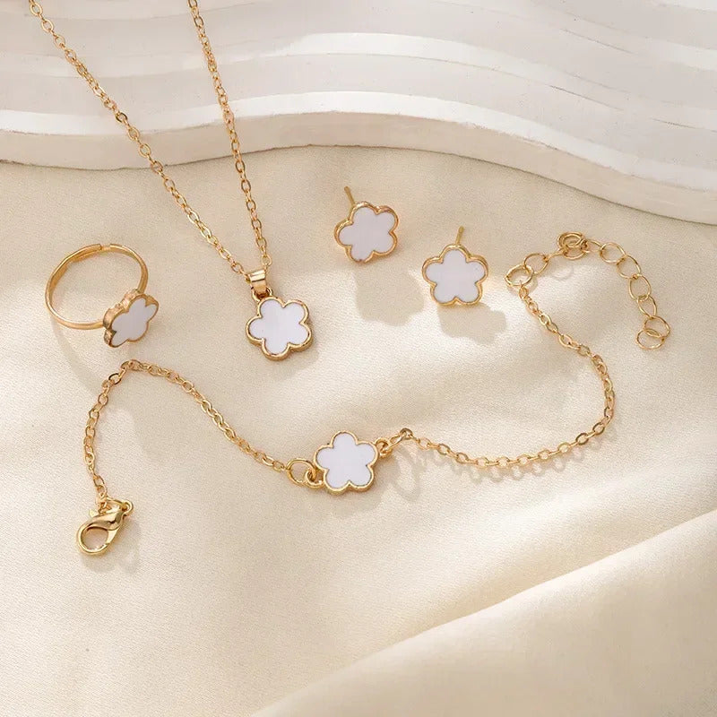 Lucky Five-petal Flower Clover Earrings Necklace Ring Bracelet Four-piece set for Woman Fashionable Accessories Party Jewelry