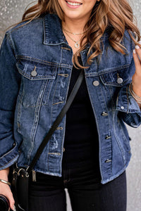 Dark Blue Plus Size Distressed Flap Pocket Denim Jacket