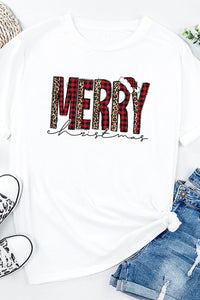 White Plaid Leopard MERRY Christmas Print T Shirt