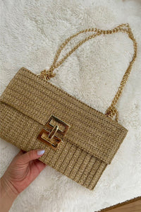 Beige Minimalist Braided Flap Chain Strap Shoulder Bag