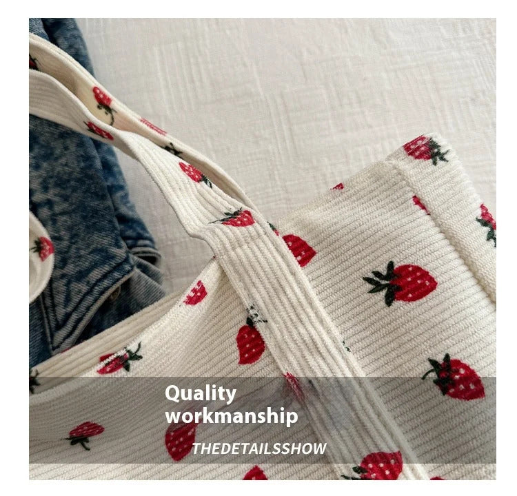 Corduroy Handbag Strawberries Beach Bag Fashionable Versatile Shoulder Bag LargeCapacity Simple Commuter Women's Tote Bag Bolsos