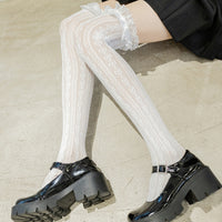 Women Lolita Fishnet Thigh High Socks Japanese Style Heart Striped Lace Patterned Over Knee Long Stockings Ruffled Frilly Kawaii