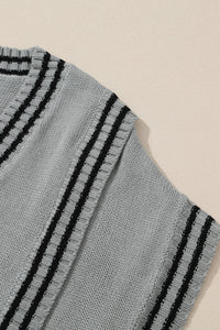 Gray V Neck Contrast Stripes Trims Short Sleeve Sweater