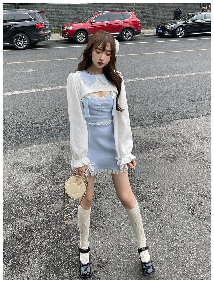 Lace Japanese Sweet Lolita Dress Women Bow Pink Kawaii Party Mini Dresses Female Blue Princess Korean Fashion Dresse Winter 2024