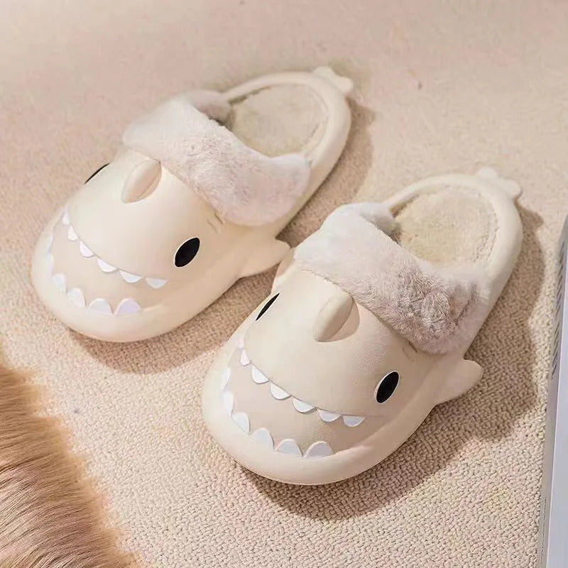 Winter Women Shark Slippers Couple Removable Liner Indoor Warm Cute Shark Slides Plush Cotton Flip Flops Home Indoor Cotton Shoe