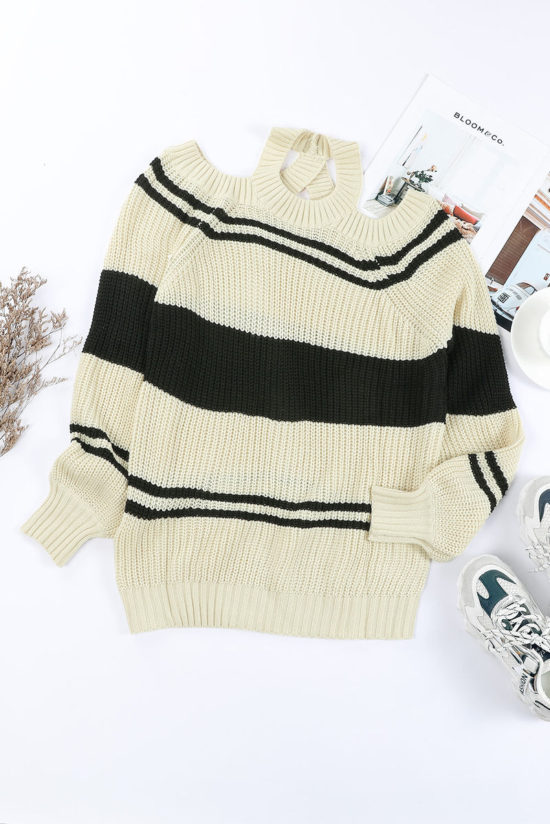 Black Striped Cold Shoulder Knit Sweater