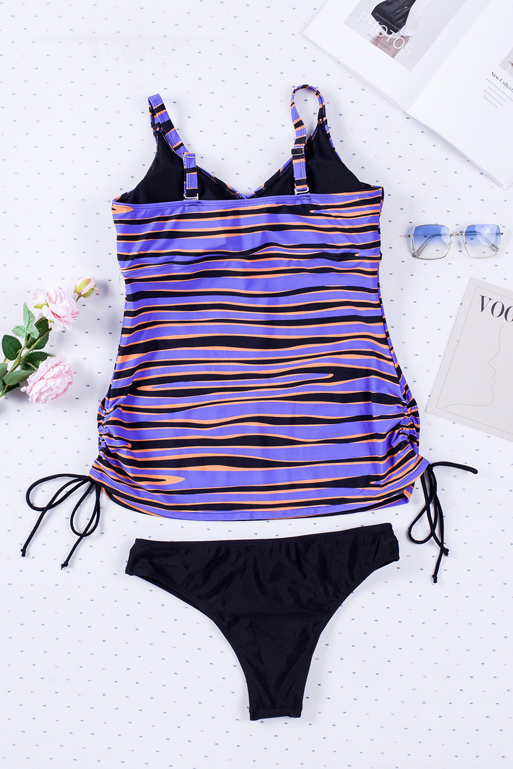 Purple Animal Stripes Lacing Tankini Swimsuit