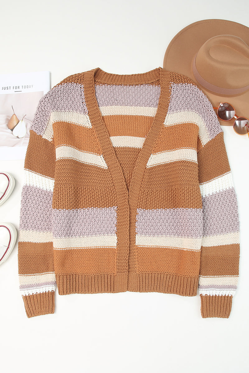 Brown Color Block Knit Drop Shoulder Open Front Sweater