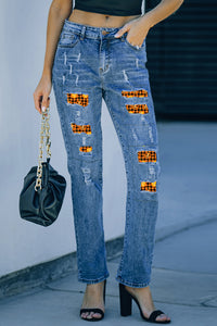 Sky Blue Distressed Checkered Pumpkin Face Patchwork Straight Jeans