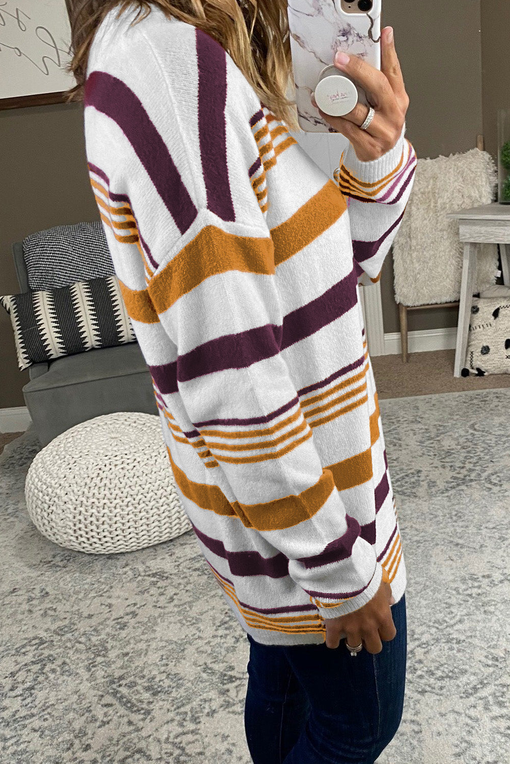 Brown Striped Crewneck Long Sleeve Sweater