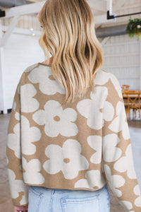 Light French Beige Flower Pattern Cropped Sweater