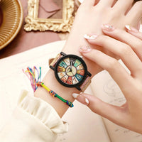 2PCS/Set Women's Watch Vintage Leather Band Analog Quartz Watch Rope Bracelet Set