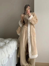 Women's Autumn Winter New Coral Velvet Sleepwear V-neck Thickened Warm Fleece Robe De Maison Luxury Home Suit