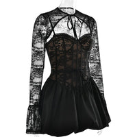 Mozision Black Lace Puffball Sexy Mini Dress For Women Fashion Lace-up Sheer Long Flare Sleeve High Waist Club Party Dress