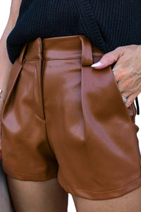 Brown Faux Leather Pleated Casual Shorts