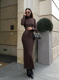 2024 Autumn Winter New Women Knitted Long Sleeved Sweater Dress Sexy High Neck Slim Fit Striped Fashionable Sweater Outwear