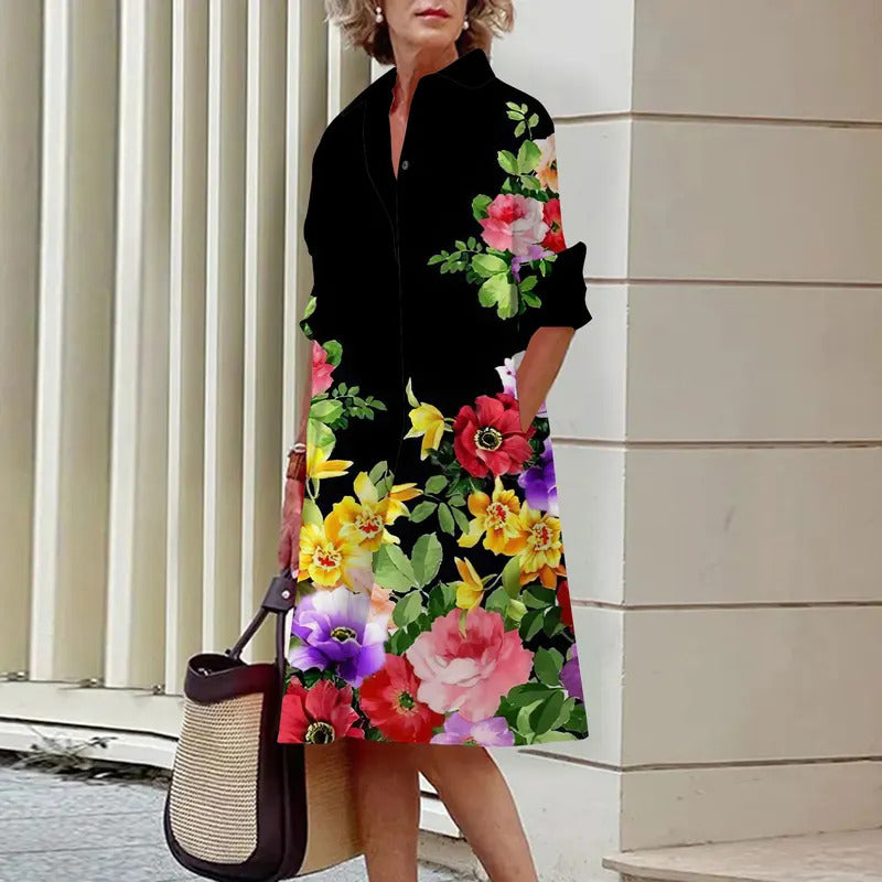 Floral Pattern Shirt Dress Elegant Women's Summer Casual Lapel Long Sleeve Midi Dress High Temperament Fashion Street Shirt