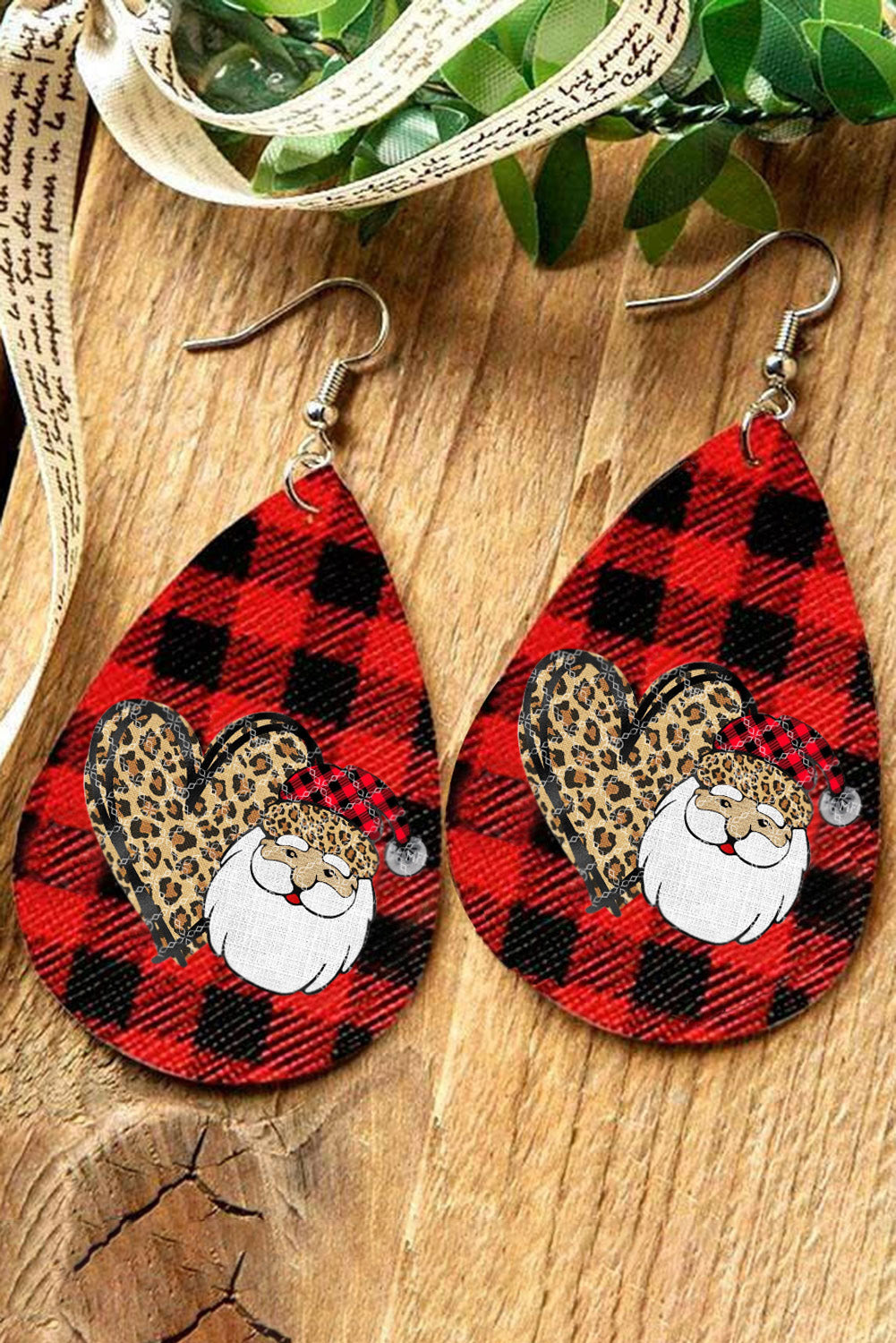 Fiery Red Christmas Leopard Heart Plaid Print Earrings